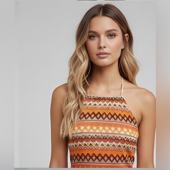 Boho Halter Chevron Print Fringe Hem  Dress - Picture 2 of 5